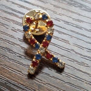 Cintage Gold Red White Blue CZ Ribbon Brooch Supporting BREAST CANCER AWARENESS